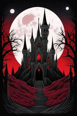 The Midnight Keep, Gothic Castle on the Red Bluffs, a crimson nightfall, stars, Red Full-Moon, red mountains and landscape,, gothic, haunting made with layered paper cut outs vector by hr giger