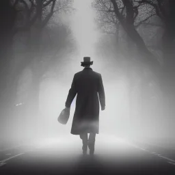 a man wearing a trench coat and hat walking down the street of london, lots of fog, dramatic, dramatic lighting, volumetric lighting, hyperrealism, 8k, high quality, photorealistic, lot of details