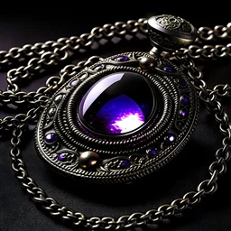 An amulet set with purple gems. The amulet is tied with a steel chain. You have to see the whole chain The amulet has a gloomy appearance. Whole figure. Comic-book style.