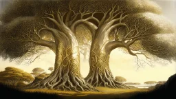 Valinor, tolkien, two giant trees, one giant golden tree, one giant silver tree,