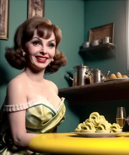 Ultra realistic photographic portrait, happy young Gina Lollobrigida woman sitting with arms resting on Italian kitchen table, pretty tortellini dish, retro dress by 1960, classic style decoration, cold, soft color, highly detailed, unreal engine 5, ray tracing, RTX, lumen lighting, ultra detail, volumetric lighting, high definition.