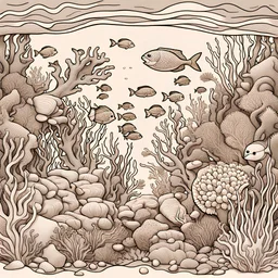 coloring page of A vibrant coral reef teeming with diverse marine life ,line art landscape,stone,cute flowers,cute trees, much details, dark outlines,vector --ar 2:3
