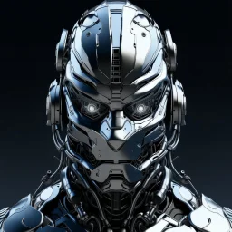 Cyborg armor with helmet on head serious face