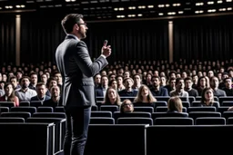 The image shows a confident speaker on stage, addressing a large audience with enthusiasm. The audience seems distracted and interested, and the setting exudes an atmosphere of elegance and impact.