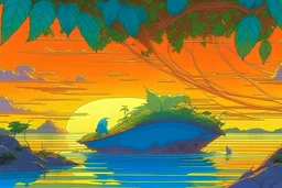 sunset, alien birds bathing in a large leaf full with water view by moebius