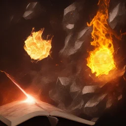 Magic Book papper shine. Meteorite falling in the background. Damascus steel. Fire. Dark element black.