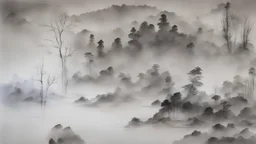 a black and white Chinese ink-painting of a nightly landscape in thick fog with pine trees in the background