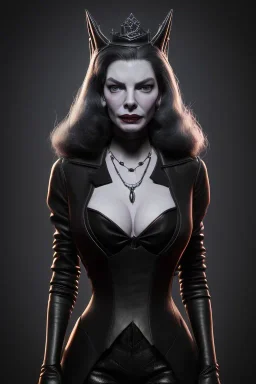 Lauren Bacall as evil queen in black leather, leather, busty, cleavage, angry, stern look. character design by cory loftis, fenghua zhong, ryohei hase, ismail inceoglu and ruan jia. unreal engine 5, artistic lighting, highly detailed, photorealistic, fantasy