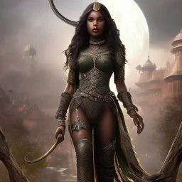 fantasy setting, insanely detailed, dark-skinned woman, indian, black wavy hair, warrior, green hair lock
