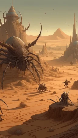 a big and wild spider and wolfs in the forgotten desert in medieval times, in anime style Bosch nightmares