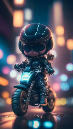 A cute Kawaii tiny hyper realistic baby robocop riding mini harley davidson, wearing bikers clothes with freestyle action, night of cyberpunk city background. wide angle full body, 8k, Cinematography, photorealistic,epic composition Unreal Engine,Cinematic, Color Grading, Portrait Photography,Ultra-Wide Angle, Depth of Field, hyper detailed