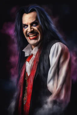 text "MOTLEY CRUE", head and shoulders portrait, Motley Crue Count Dracula - well-shaped, perfect figure, perfect face, laughing, a multicolored, watercolor stained, wall in the background, professional quality digital photograph, 4k, 8k, 32k UHD, Hyper realistic, extremely colorful, vibrant, photorealistic, realistic, sharp, highly detailed, professional quality, beautiful, awesome, majestic, superb, trending on artstation, pleasing, lovely, Cinematic, gorgeous, Real, Life like, Highly detailed