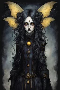 Jean-Baptiste Monge style 19th century hand drawn full body portrait dark gothic fantasy illustration of a walking hybrid Comet moth goth girl, with highly detailed facial features with large sad eyes, drawings, 8k, vibrant natural colors, otherworldly and fantastic