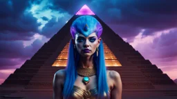 Hyper Realistic Photographic-View of a Beautiful-Alien-Cleopatra with glowing-blue-hair-&-devilish-eyes standing outside her pyramid with purple-cloudy-sky at dark-rainy-night dramatic & cinematic ambiance