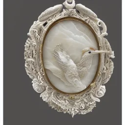 ivory brooch of a kingfisher, opalescent marble carving, decorative design, classical ornament, highly ornate, highly intricate, highly detailed etching, marble carving, warm lighting, linen backdrop