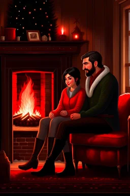 Fire place Christmas scene, dark haired couple, man with short black beard, blue eyes, cozy