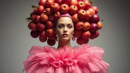 High fashion photography of a model in a Tim Walker and Alexander McQueen style pink plum dress, studio lighting, large-scale headdress with many fruits, wide shot, highly detailed, hyperrealistic, cinematic photography - ar 9:16. High fashion photo shoot of a model in a Tim Walker style pink plum dress, intricate headdress made of conceptual plum fruit sculptures