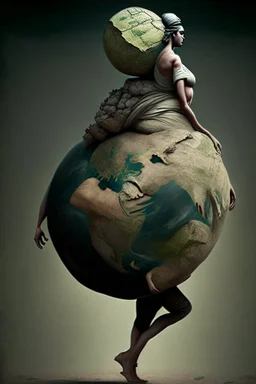 a woman carrying the weight of the earth on her back like Atlas