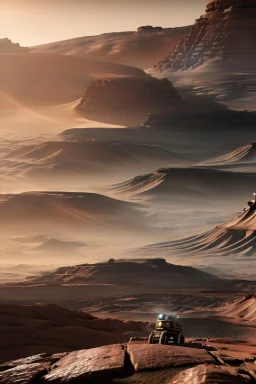 Martian landscape, intricate details, astronaut in foreground with rover, futuristic city in the distance