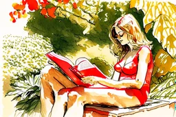 woman in red swimsuit reading a book in a beautiful garden in sunshine style Vittorio Giardino, stylized pen drawing and watercolor