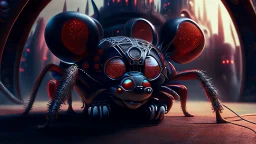 a spider mickey mouse hybrid, photorealism, movie screen capture, horror, sci-fi, retrofuturism,