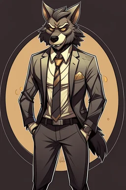 Buff, anthro, wolf, himbo, black fur, gold eyes, wearing a suit, full-body