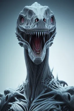 dinosaur alien, head, evil, 8k, finely detailed, photo realistic, HR Giger style