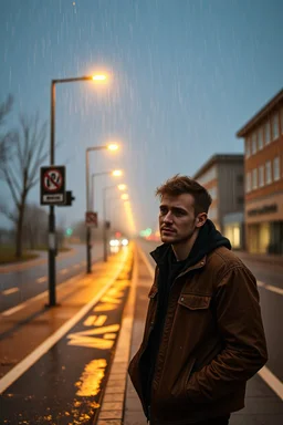 a very disappointed member of a rock band who has been kicked out of a rehearsal space in Sweden, he stands outside in the rain and cries, street lamps shining, raindrops, wind, empty roads and cycle paths next to it