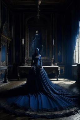 The Countess is a ghost, she has a long, flowing dark blue dress, she is in her castle, Hanging in the castle room, there is a tapestry composed of the preserved faces of the Countess' ancient victims.