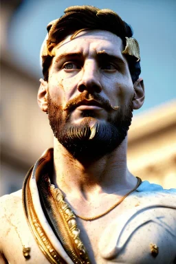 Realistic image, Roman sculpture made in white marble with gold veins, Lionel messi with gold laurel leaves crown, two blue brushes, decorative star on the chest, waist up portrait, marble material, gold ornaments, Baroque style, sun rays background, epic, celestial, cinematic lighting, God lights, 4k resolution, smooth details, soft lighting, unreal engine 5, art station, substance 3d.