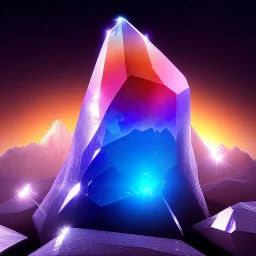 photograph of a (one massive colorful crystal:1.2) growing out of the rocky mountain, (focus on crystal:1.2), 4k, 8k, (highly detailed), ((landscape)),(translucent crystal:1.1), light going trough the crystal, bokeh, chromatic aberration, mountain view, blue and pink background