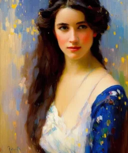 realist impressionist portrait of "The Curious Female" by Eliza Ivanova rework. Masterpiece, best quality, painted impressionist brush strokes. paint drips and drabs and splatters by and by art nouveau and richard schmid . Paint spatters, drips, drabs, dynamic, artstation, artgerm