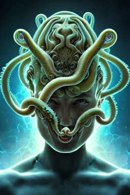 Spiritual being with Tentacles over human Head creating reality around, wrapping Tentacles around Human, Psychedelic