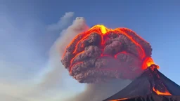 Massive volcano erupting with smoke and fire and ash