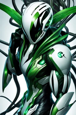 Cyborg symbiote, white color, green color, tendrils, high tech, cyberpunk, biopunk, membrane wings, carbon fiber, cyber tentacles, and the other two.