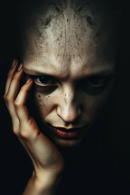 surreal collage of fade human portrait with pale skine , lack black eyes, Darkness is sometimes, it is the moment of realization. The shadows rising from the depths are terrifying; they are the offspring of our minds, surreal abstract things andt shapes, . darkness looking me, and eating face, body, close up the crepy stunning portrait, shadows, evil darkness, surreal, thiller vibe, background vortex, abyss,crepy vibe, dinner of darknes, ntricate details, cinematic