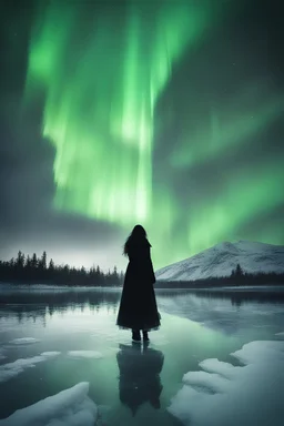 Photoreal menacing gargantuan evil but gorgeous enormous huge goddess silhouette towering above an ice lake in the winter sky with northern lights by lee jeffries, otherworldly creature, in the style of fantasy movies, photorealistic, shot on Hasselblad h6d-400c, zeiss prime lens, bokeh like f/0.8, tilt-shift lens 8k, high detail, smooth render, unreal engine 5, cinema 4d, HDR, dust effect, vivid colors