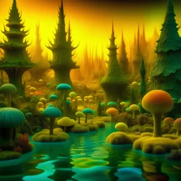 Odd swamp landscape with odd beings surreal abstract Max Ernst style, 120mm photography, sharp focus, 8k, 3d, very detailed, volumetric light, grim, fine art, very colorful, ornate, F/2.8, insanely detailed and intricate, hypermaximalist