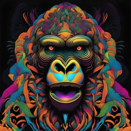 T-shirt design graphics on black background, Parametric structure, vivid colors, fluorescent, DMT, bioluminescent, frontal gorilla Head in mandelbrot style, Renè Magrite style, intricated details, cyberpunk, few colors, surreal, symmetrical, high contrast