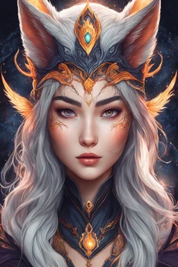 create an ethereal, darkly magical ,Kitsune sorceress with highly detailed and deeply cut facial features, illustrated in the style of Mindy Lee, 4k precisely drawn, boldly lined and colored