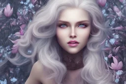 femme long cheveux blond blancs grands yeux bleus , 8k resolution, flower magnolia lotus rose, beautiful portrait, 8k resolution, flower head and body, beautiful star souriante+++