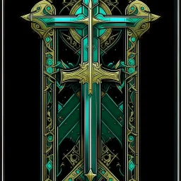 simple stylized Scandinavian artifact sword in the style of tarot and art deco, turquoise and gold colours, black background