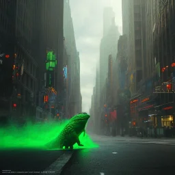 green slime monster, walking through new york city, dramatic, dramatic lighting, pixar style, volumetric lighting, hyperrealism, 8k, high quality, photorealistic, lot of details