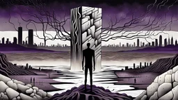 inner an giant block of stone of several layers a human figure stands alone , in outside around weird landscape with city in the distance, sharp lines, fade pale eyes, fade human figures in city, dark purple, gray, black, white, brown. Whimsical style and surreal vibe, lonely with absurd broken land, neuron network background, surreal nightmare vibe