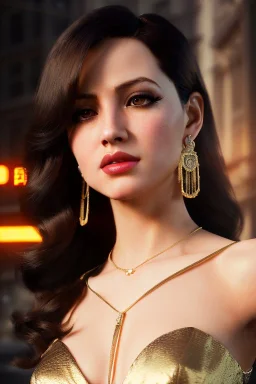 Young business woman, dark orange eyes, dark brown hair, elegant hair, thin lips, gold hoop earrings, waist up portrait, 8k resolution, intricate details, ornate details, soft lighting, vibrant colors, retroanime, masterpiece, realistic, intricate eyeliner, dark eyeshadow, eyes,futuristic cityscape background
