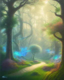 park mystical dream, trees, path, bird, sunshine, mystical, fantasy, romanticism, pastel colors, daylight, daytime, acrylic painting, detailed, soft focus,