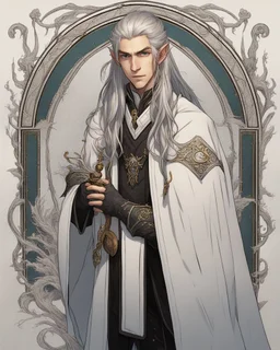 a young High Elf frost Wizard with long wiry hair, wearing a black trimmed white nobleman's robe and frost ornaments on clothes, with a small weasel on his shoulder
