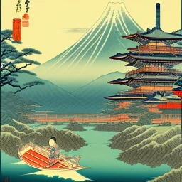 Ukiyo-e styled art, stream, mountain, sun, family on a boat