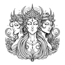 The Fates (Clotho, Lachesis, and Atropos).. realistis tatto sketch style, white background, profesional tatto sketch