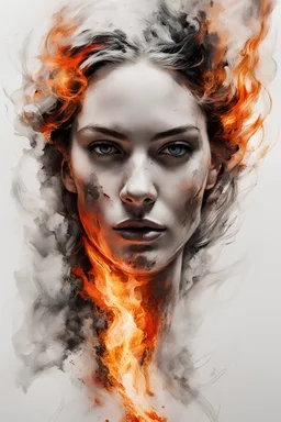 art, abstract, portrait of a woman with burning edges, white background, (intense and emotional visual experience:1.5), (captivating and fiery ambiance:1.3), (dramatic and captivating essence:1.2), (fiery details:1.3)